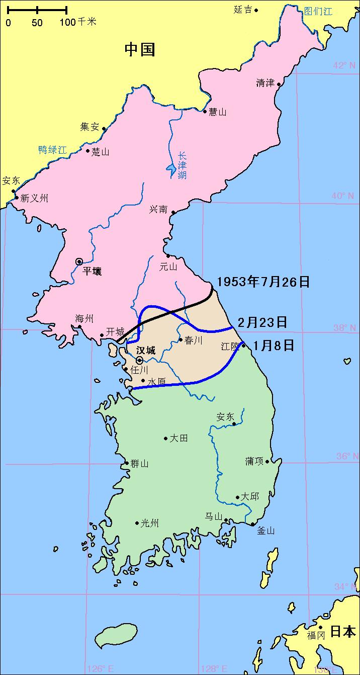 联合国军在1951年1月9日至1951年2月23日的进攻和双方僵持阶段形势，黑线为最终双方军事分界线